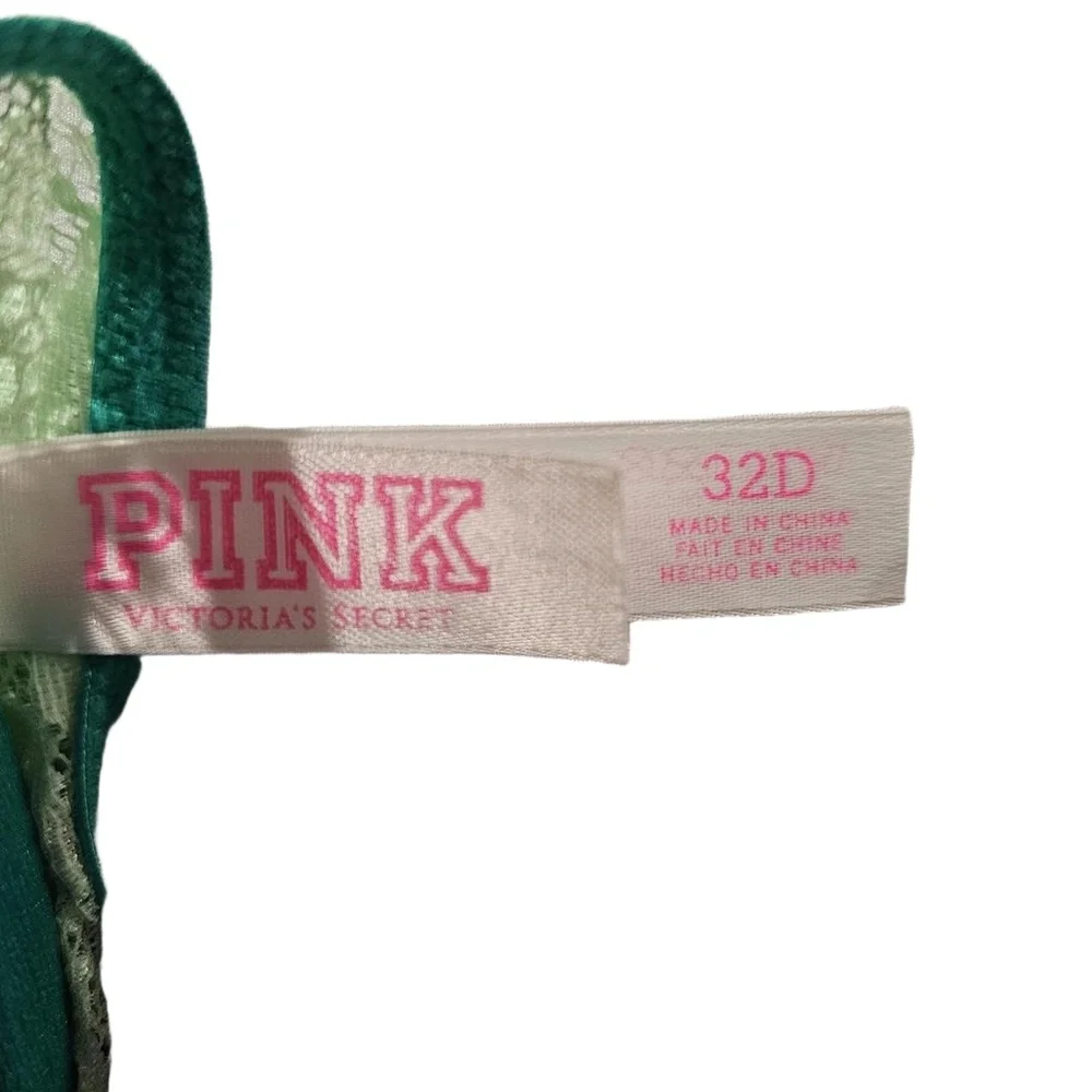 PINK Victorias Secret Bra Womens 32D Green Lace Front Clasp Pushup Underwire‎